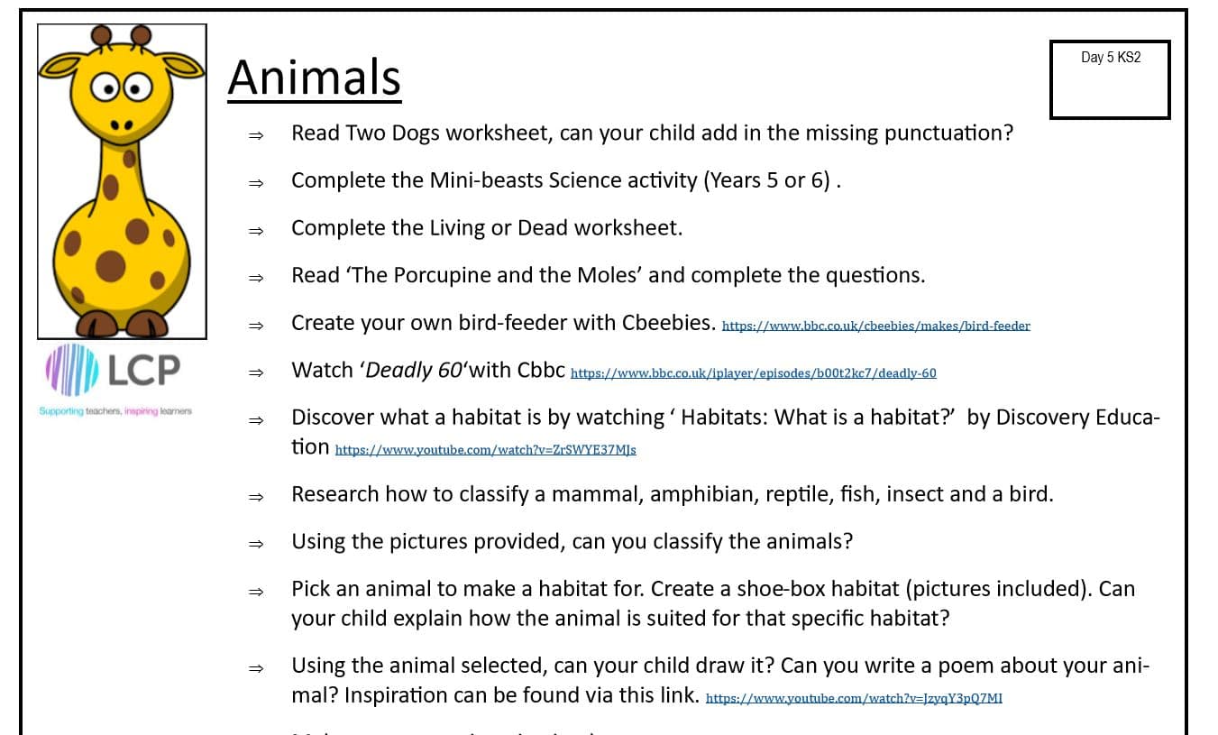 KS2 Day 5 Home Learning Planner: Animals - LCP