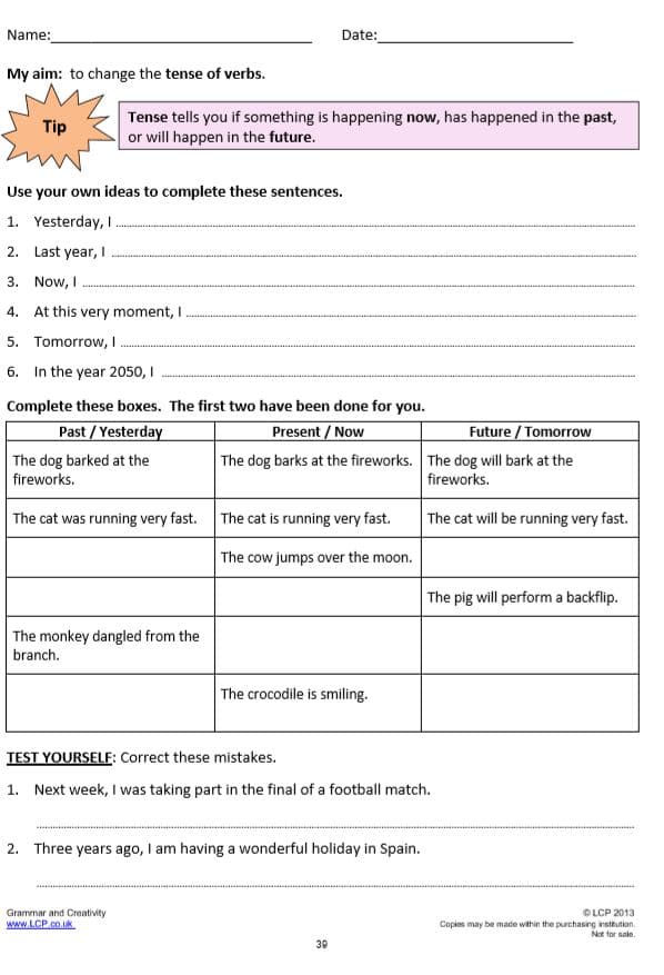 English Tenses Worksheets Ks3
